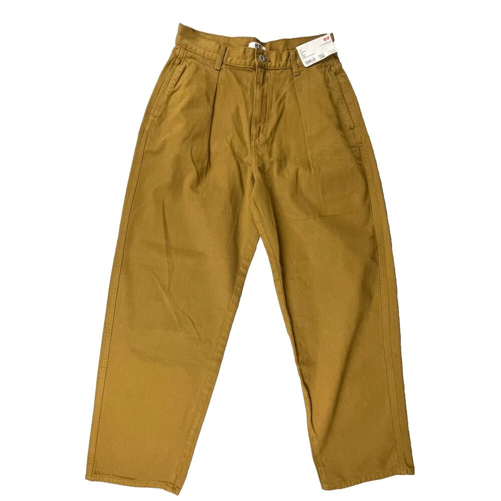 ​UNIQLO U Demin Pleated Pants Women's 26 Mustard Brown Tapered Barrel/Baggy Leg